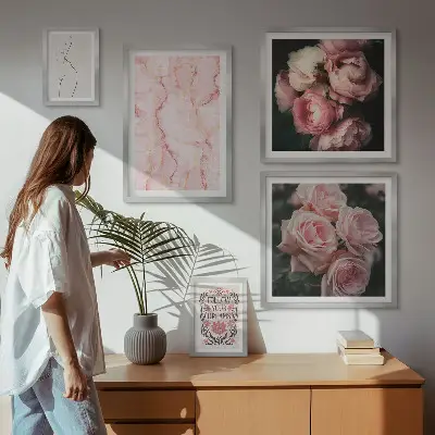 Set di 5 quadri con fiori rosa in stile boho
