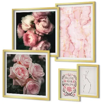 Set di 5 quadri con fiori rosa in stile boho