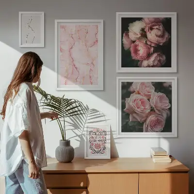 Set di 5 quadri con fiori rosa in stile boho