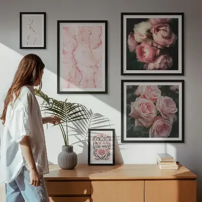 Set di 5 quadri con fiori rosa in stile boho