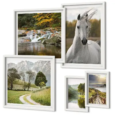 Polittico con cornice paesaggio con cavallo