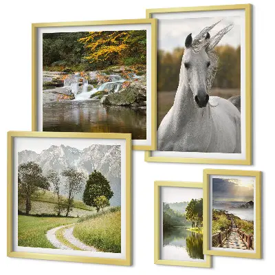 Polittico con cornice paesaggio con cavallo