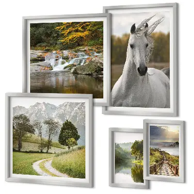 Polittico con cornice paesaggio con cavallo
