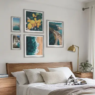 Set di 5 quadri con paesaggi marini e agrumi