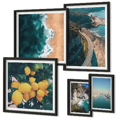 Set di 5 quadri con paesaggi marini e agrumi