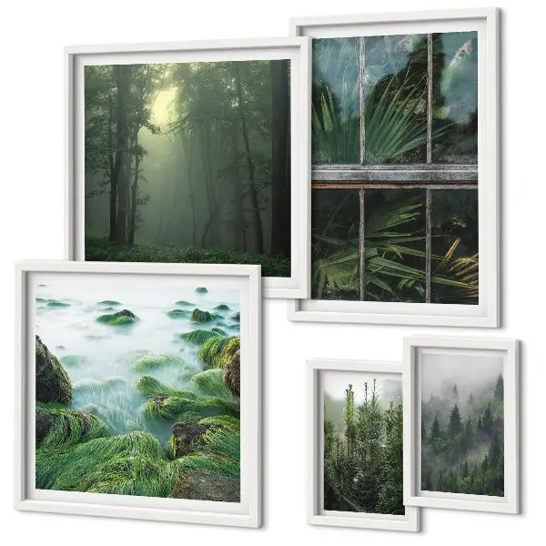 Set di 5 quadri con paesaggi verdi, foreste e vegetazione