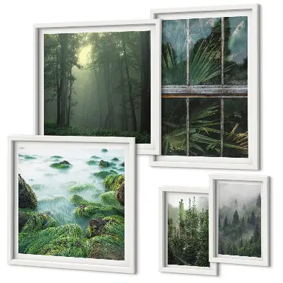 Set di 5 quadri con paesaggi verdi, foreste e vegetazione