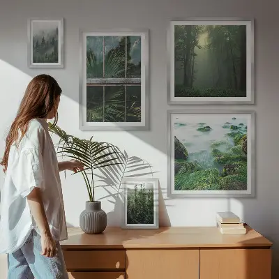 Set di 5 quadri con paesaggi verdi, foreste e vegetazione