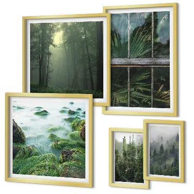 Set di 5 quadri con paesaggi verdi, foreste e vegetazione