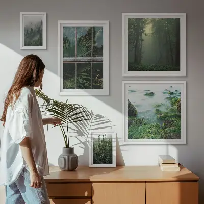 Set di 5 quadri con paesaggi verdi, foreste e vegetazione