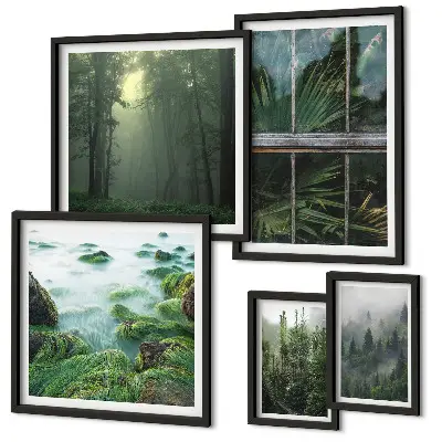 Set di 5 quadri con paesaggi verdi, foreste e vegetazione