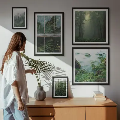 Set di 5 quadri con paesaggi verdi, foreste e vegetazione