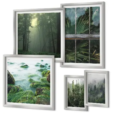 Set di 5 quadri con paesaggi verdi, foreste e vegetazione