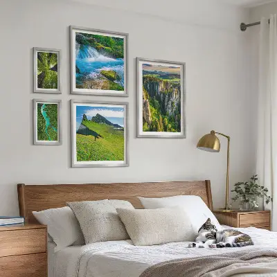 Set di 5 quadri con paesaggi di montagne fiumi e foreste
