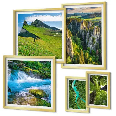 Set di 5 quadri con paesaggi di montagne fiumi e foreste