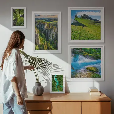 Set di 5 quadri con paesaggi di montagne fiumi e foreste