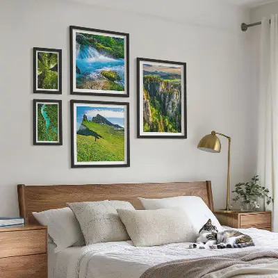 Set di 5 quadri con paesaggi di montagne fiumi e foreste