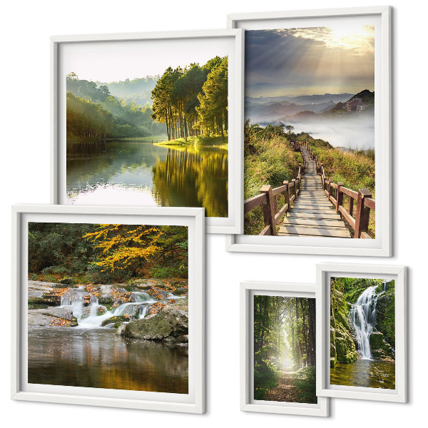 Set di 5 quadri Paesaggi naturali, cascate, sentieri forestali
