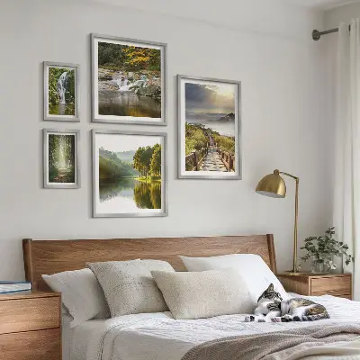 Set di 5 quadri con paesaggi naturali, cascate e sentieri forestali