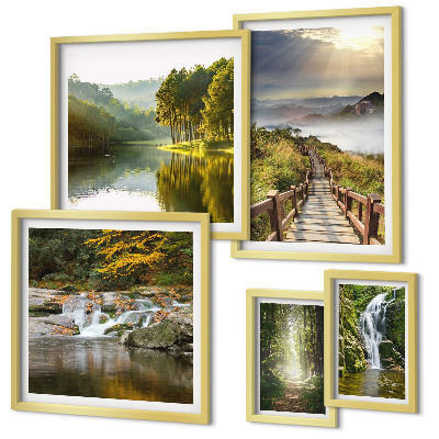 Set di 5 quadri Paesaggi naturali, cascate, sentieri forestali
