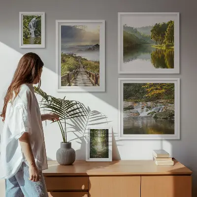 Set di 5 quadri con paesaggi naturali, cascate e sentieri forestali