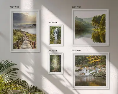 Set di 5 quadri con paesaggi naturali, cascate e sentieri forestali