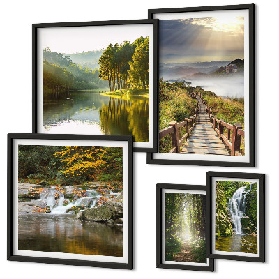 Set di 5 quadri Paesaggi naturali, cascate, sentieri forestali