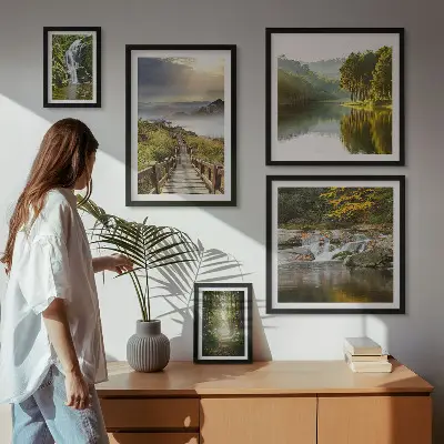 Set di 5 quadri con paesaggi naturali, cascate e sentieri forestali