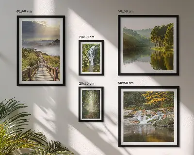 Set di 5 quadri con paesaggi naturali, cascate e sentieri forestali