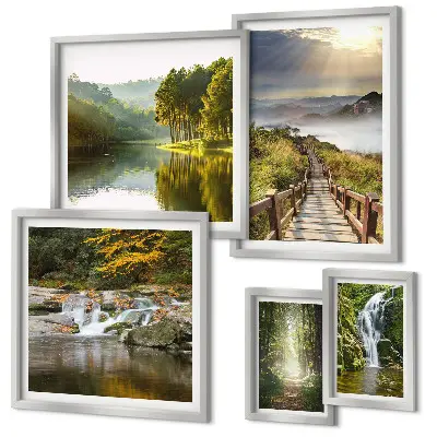 Set di 5 quadri con paesaggi naturali, cascate e sentieri forestali