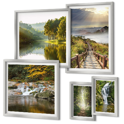 Set di 5 quadri Paesaggi naturali, cascate, sentieri forestali