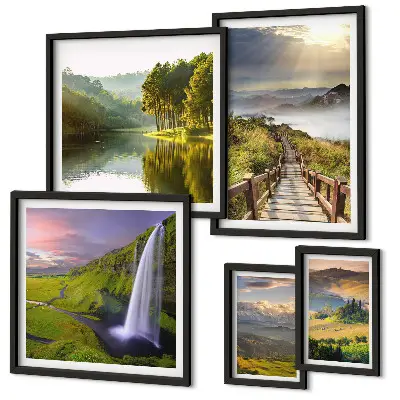 Set di quadri incorniciati con paesaggi di cascate e montagne