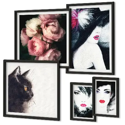 Set di 5 quadri con eleganti ritratti di donne con rose