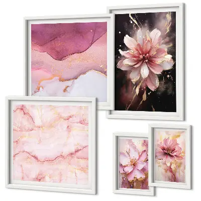 Set di 5 quadri con composizioni floreali rosa