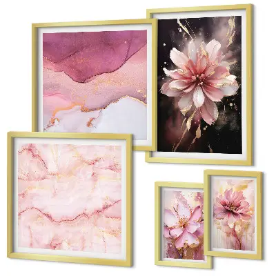 Set di 5 quadri con composizioni floreali rosa
