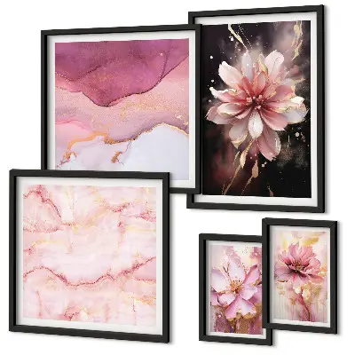 Set di 5 quadri con composizioni floreali rosa