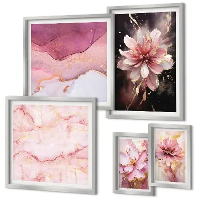 Set di 5 quadri con composizioni floreali rosa