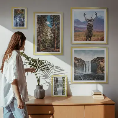 Set di 5 quadri raffiguranti paesaggi, cascate e natura