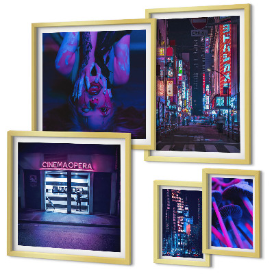 Polittico con cornice Paesaggi urbani notturni al neon