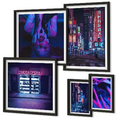 Polittico con cornice Paesaggi urbani notturni al neon