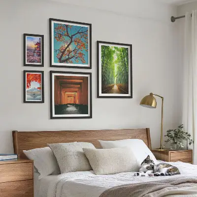 Paesaggi giapponesi con fiori di bambù polittico con cornice