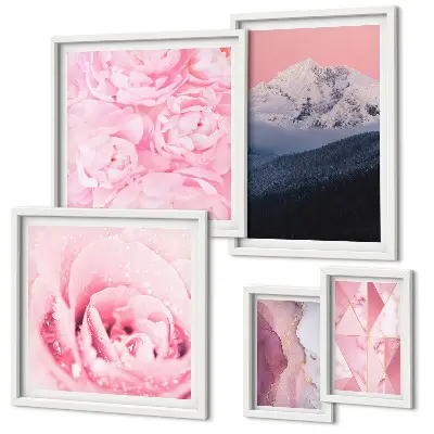 Set di 5 quadri con paesaggi rosa e fiori moderni