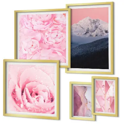 Set di 5 quadri con paesaggi rosa e fiori moderni