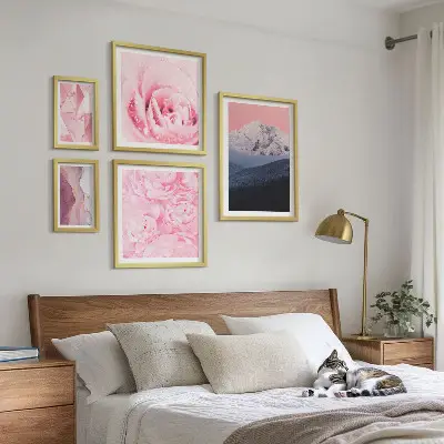 Set di 5 quadri con paesaggi rosa e fiori moderni