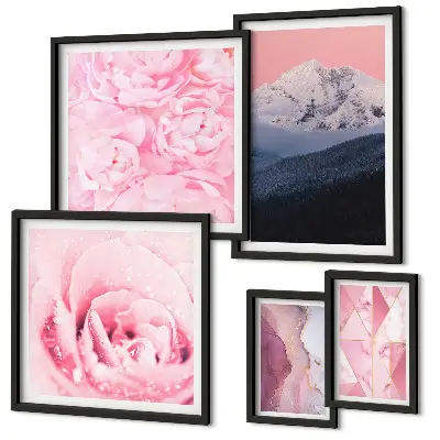 Set di 5 quadri con paesaggi rosa e fiori moderni
