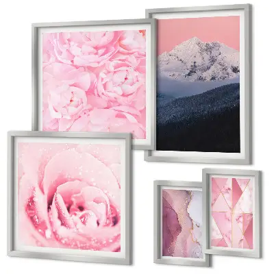 Set di 5 quadri con paesaggi rosa e fiori moderni