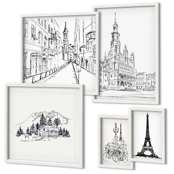 Set di quadri incorniciati con illustrazioni architettoniche eleganti