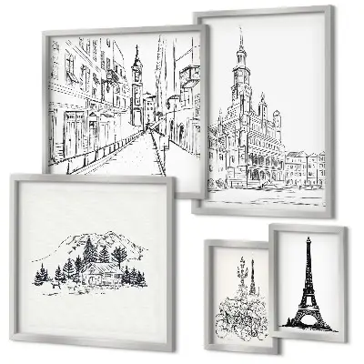 Set di quadri incorniciati con illustrazioni architettoniche eleganti