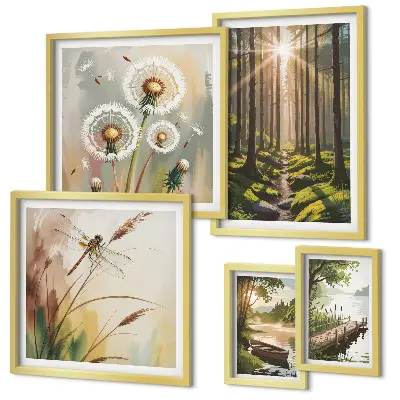 Polittico con cornice paesaggi forestali con natura e pace