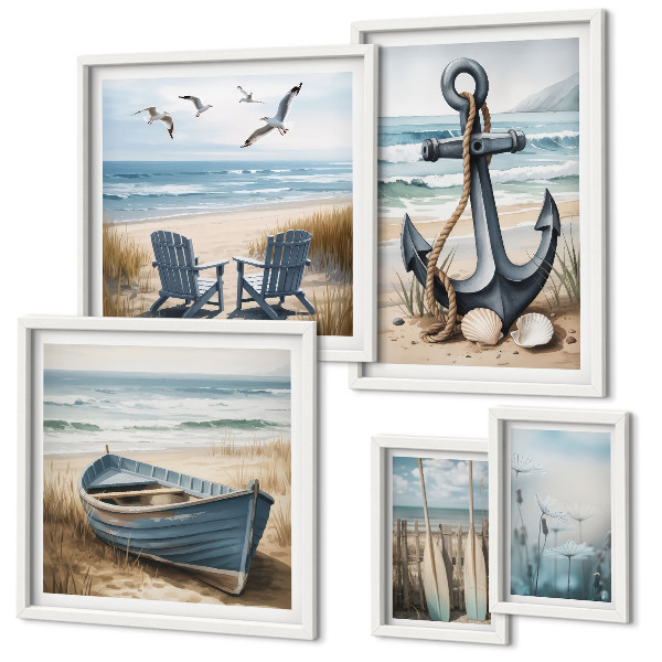 Set di 5 quadri Ispirazioni di stile balneare mare spiaggia